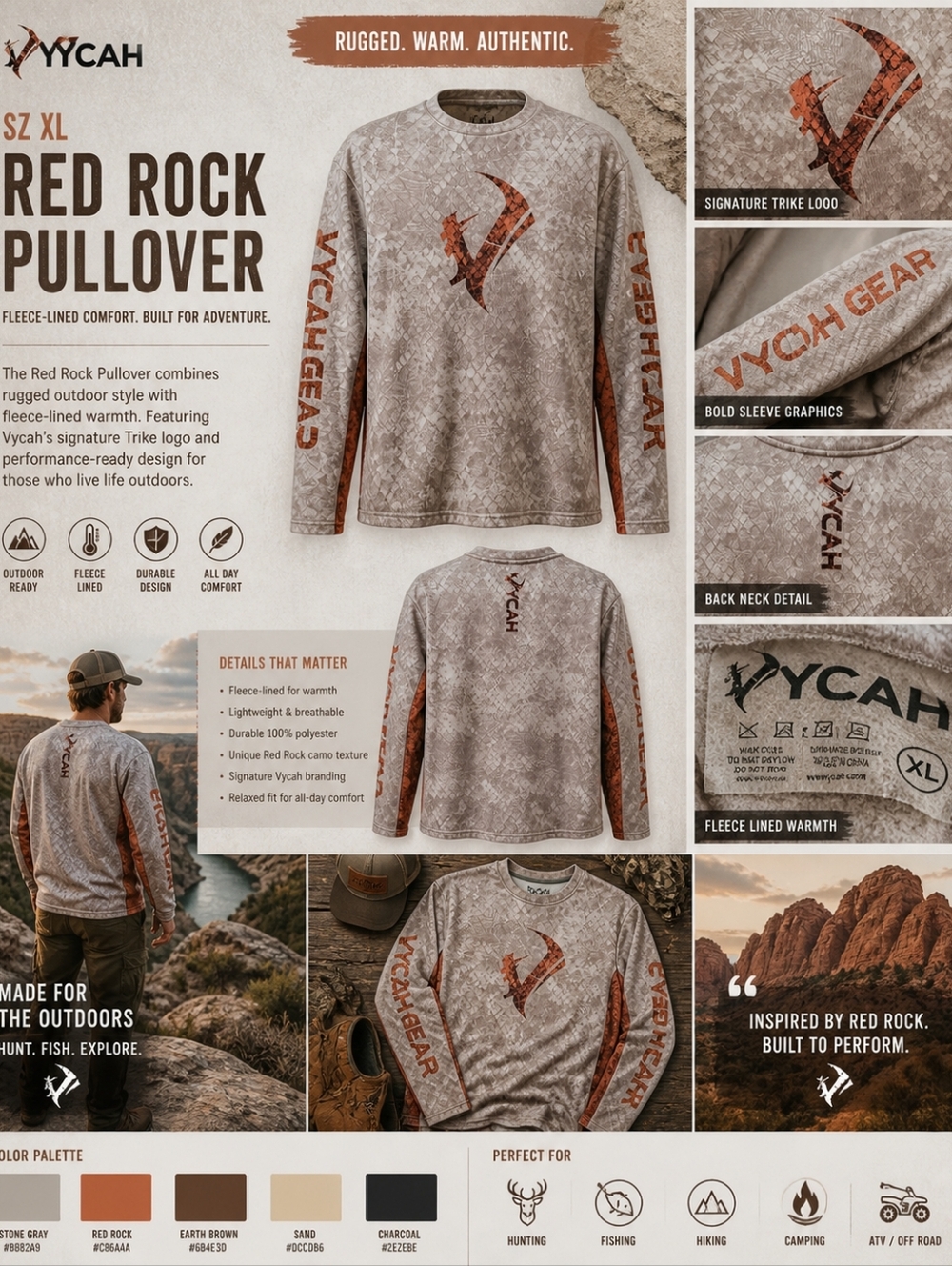 Sz XL Vycah Mens Fleece-Lined Trike Red Rock Pullover